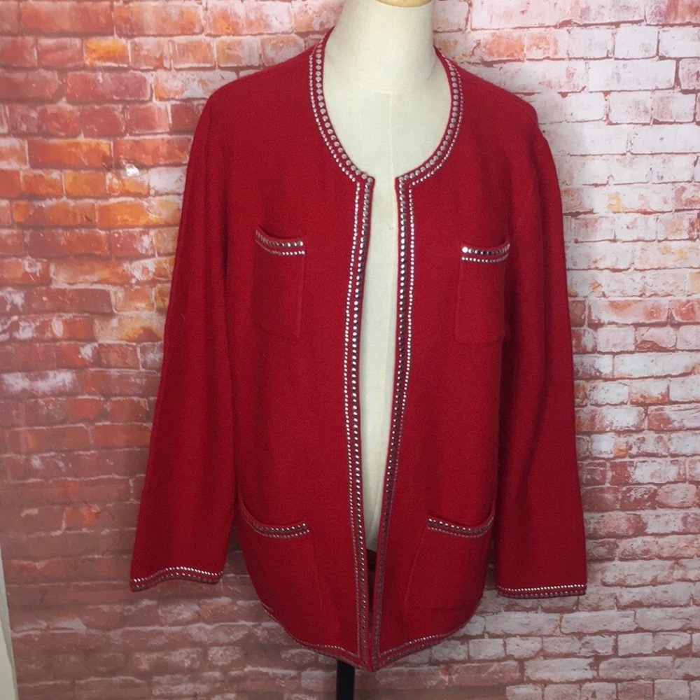 Vintage 90s Nouveaux Red Open Front Cardigan Sweater with Silver Stud Detail